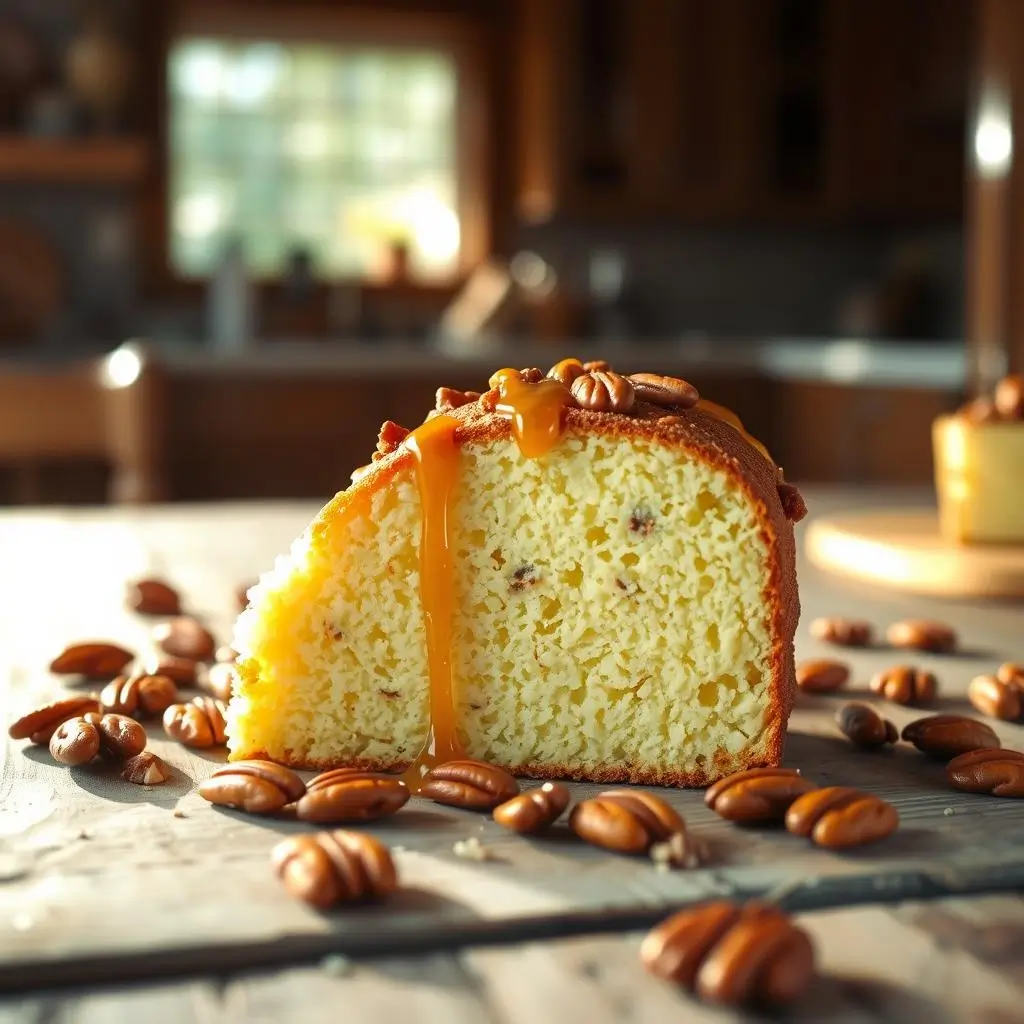 A butter pecan pound cake on a cake stand with toasted pecans and powdered sugar