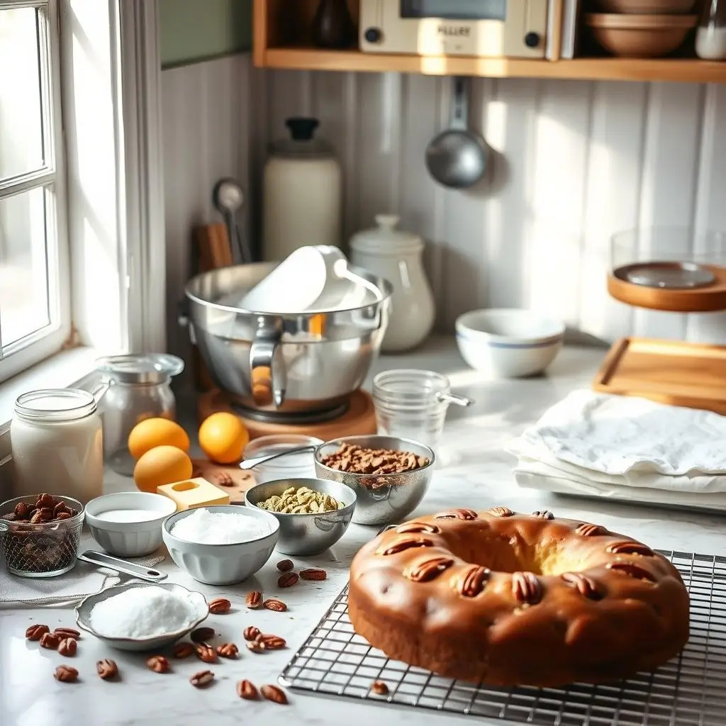 Essential baking tools for preparing a butter pecan pound cake, including a stand mixer, measuring cups, and mixing bowls