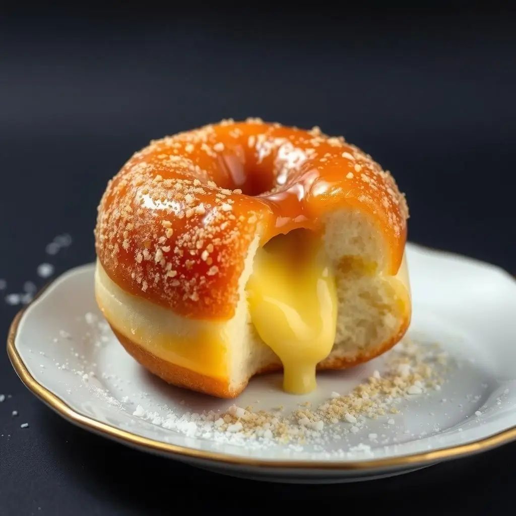 A freshly made creme brulee donut with a golden caramelized topping and creamy custard filling.