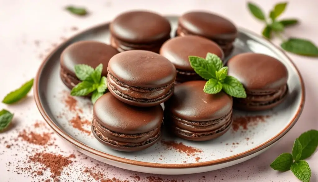 A beautifully arranged plate of homemade chocolate macarons with a smooth chocolate filling.