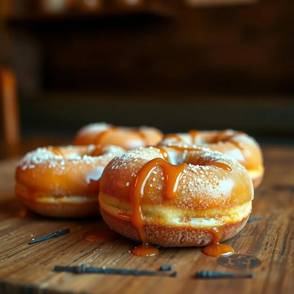 Fresh ingredients for creme brulee donuts, including flour, sugar, eggs, milk, cream, and granulated sugar.