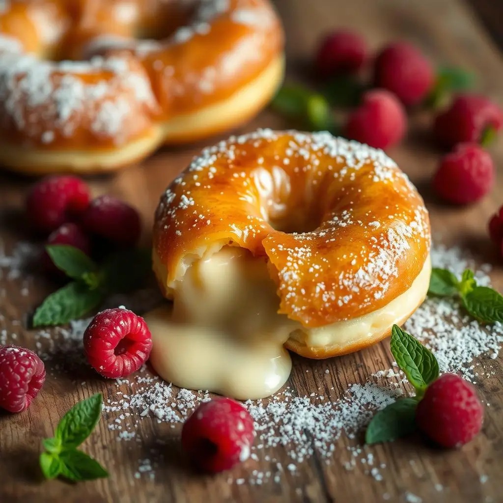 A close-up of a creme brulee donut showcasing its caramelized sugar topping and creamy custard filling.