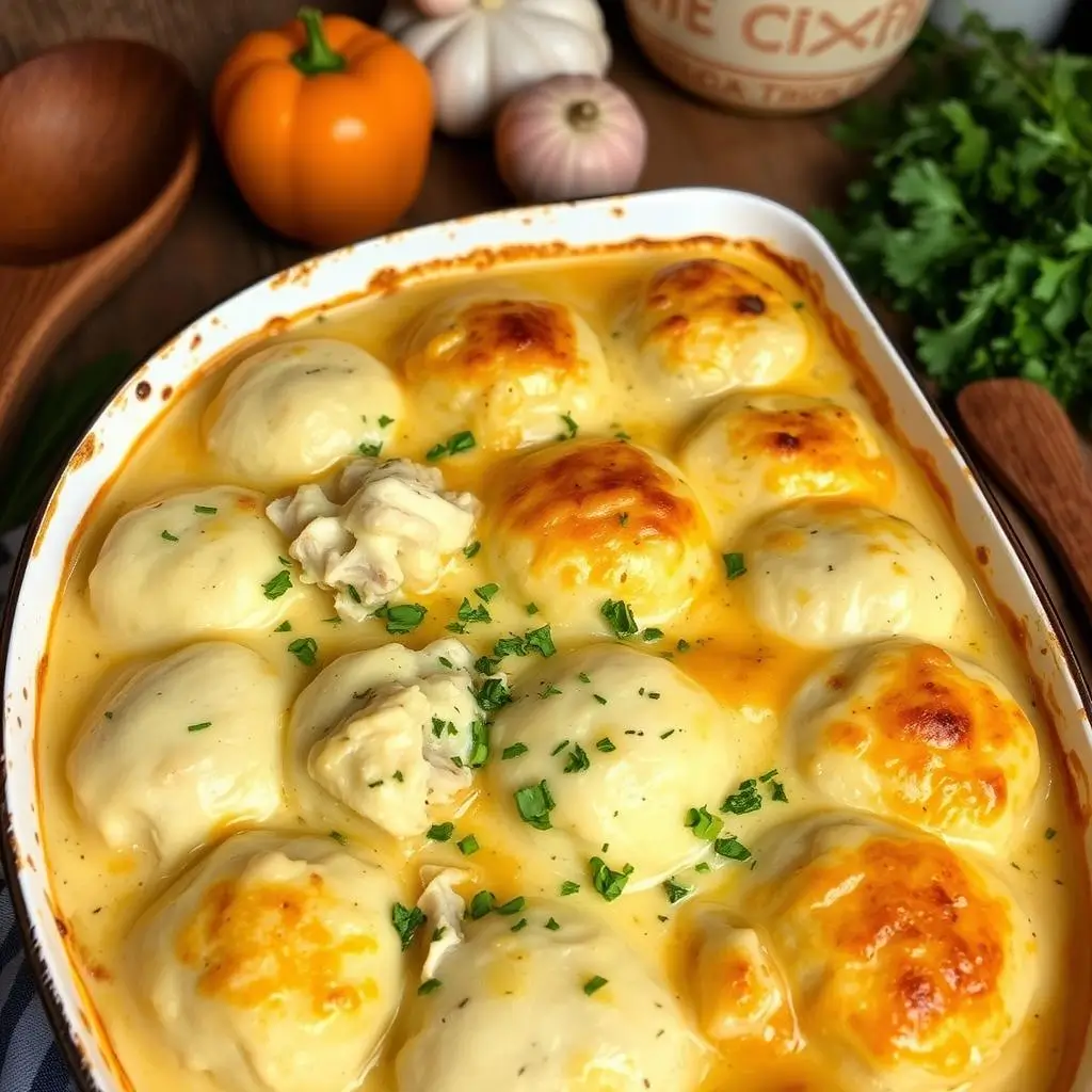 Chicken and vegetables cooking in a flavorful broth for chicken and dumpling casserole