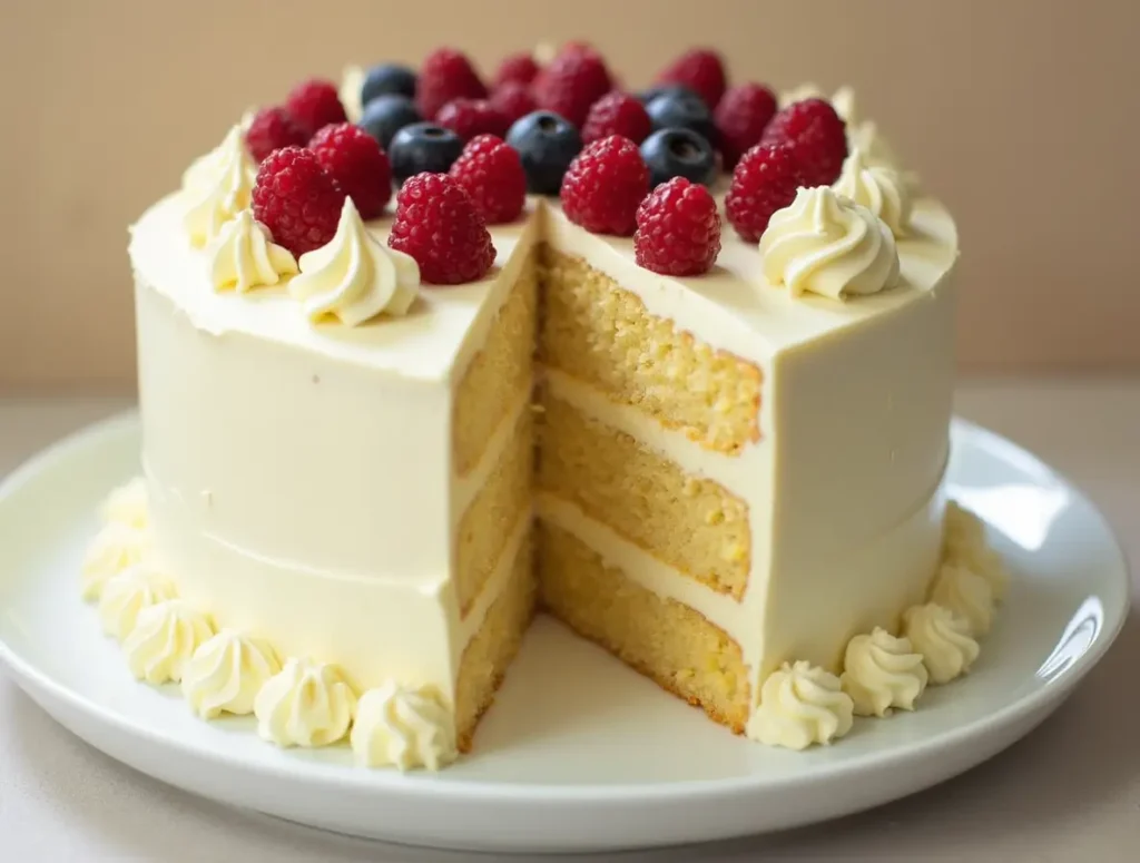 Delicious white chocolate cake with a smooth white chocolate ganache drip and decorative white chocolate shavings.