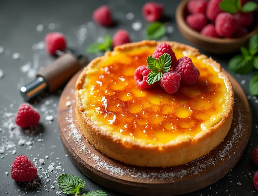 A beautifully crafted crème brûlée cake with a caramelized sugar crust, garnished with raspberries and mint leaves on a rustic wooden board.