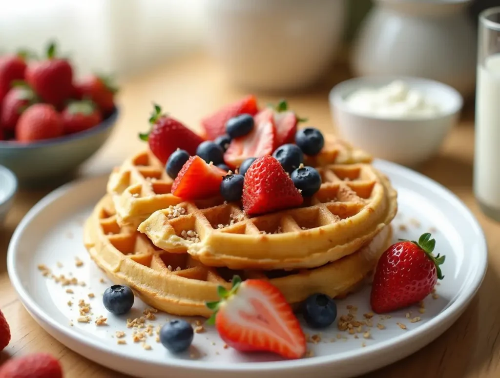 Featured image of Protein Waffles Recipe with two fluffy, golden waffles topped with fresh berries, honey drizzle, and crushed nuts, served alongside Greek yogurt and almond milk on a clean wooden countertop.