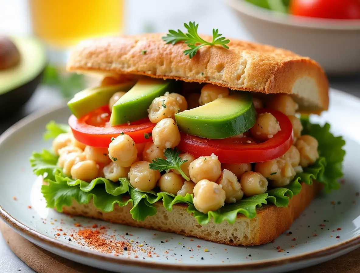 A delicious Chickpea Salad Sandwich with creamy chickpea salad filled between two slices of whole-grain bread, topped with fresh lettuce, tomato slices, and avocado, served on a wooden cutting board with herbs sprinkled around.