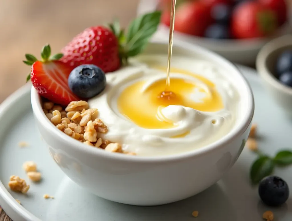 A bowl of creamy Greek Yogurt topped with honey drizzle, crushed walnuts, and fresh berries on a wooden table.