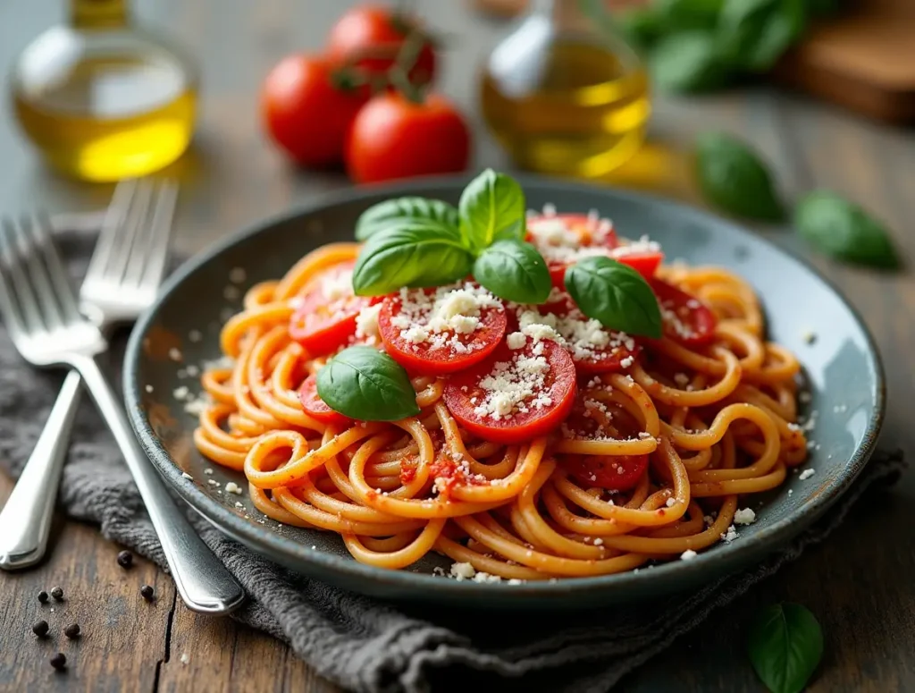 A beautifully plated Tomato Basil Pasta featuring rich tomato sauce, fresh basil, grated Parmesan, and a drizzle of olive oil on a rustic wooden table