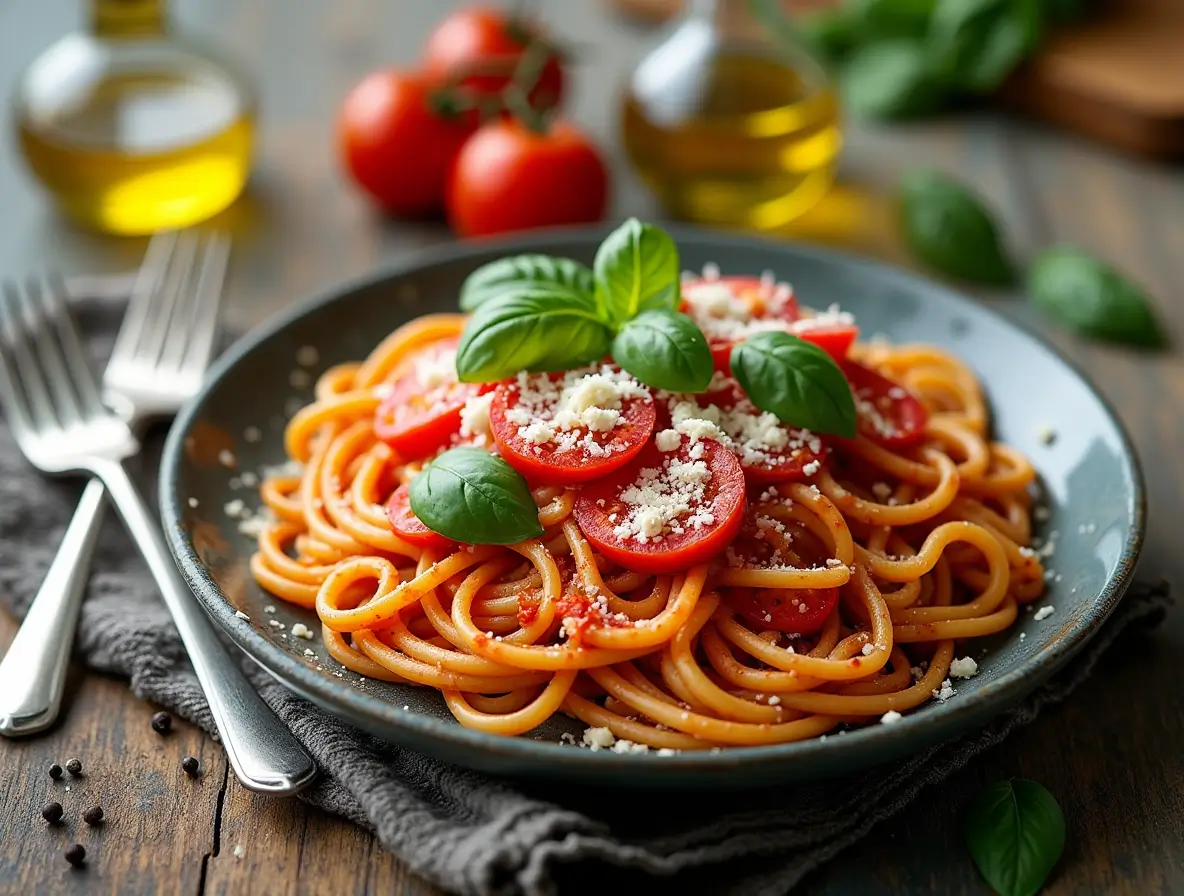 A beautifully plated Tomato Basil Pasta featuring rich tomato sauce, fresh basil, grated Parmesan, and a drizzle of olive oil on a rustic wooden table