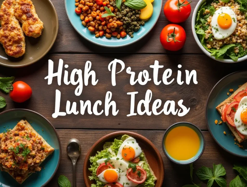 A collection of high-protein lunch ideas including grilled chicken salad, quinoa bowl, lentil soup, avocado toast with eggs, and tofu stir-fry arranged on a rustic wooden table.