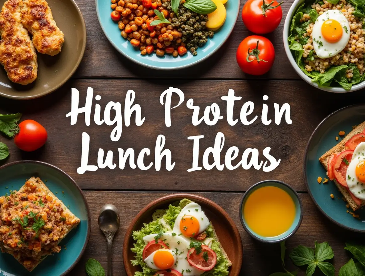 A collection of high-protein lunch ideas including grilled chicken salad, quinoa bowl, lentil soup, avocado toast with eggs, and tofu stir-fry arranged on a rustic wooden table.