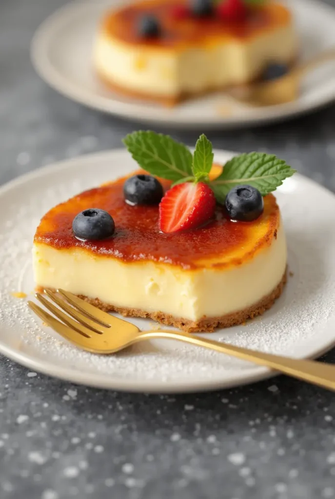 A crème brûlée cake beautifully presented on a white plate, garnished with fresh raspberries, mint leaves, and a dusting of cocoa powder, surrounded by kitchen tools like a torch and spoon for added context.