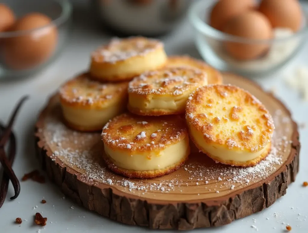 A plate of freshly baked creme brulee cookies with caramelized sugar tops, placed on a rustic wooden board with vanilla pods and a kitchen torch nearby.
