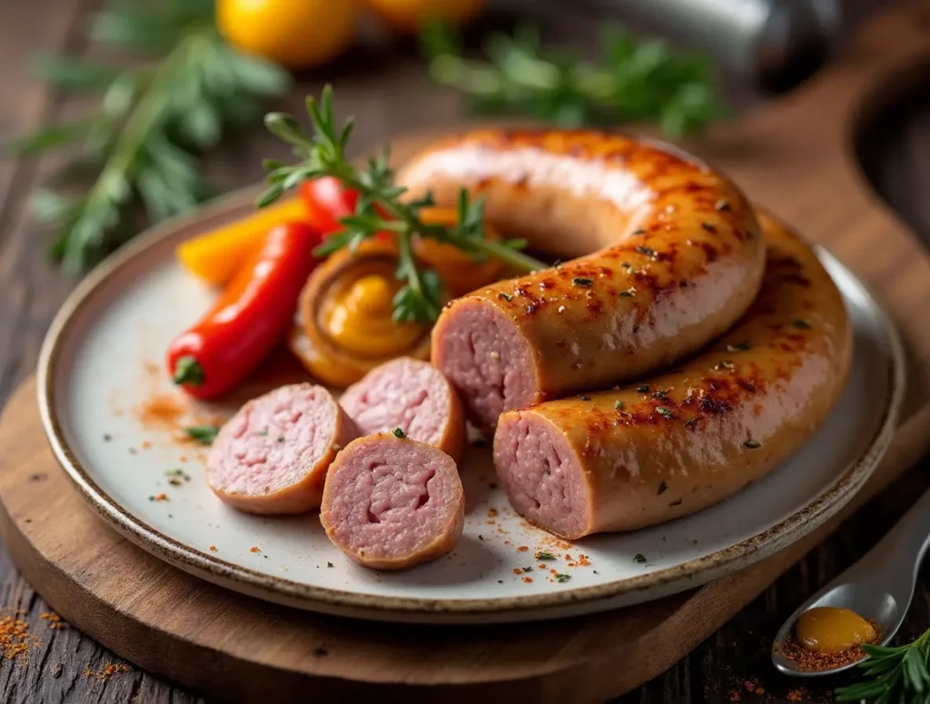 Turkey Sausage links with a golden-brown exterior, sprinkled with fresh herbs like thyme and parsley, placed on a rustic wooden cutting board alongside spices and garnishes.